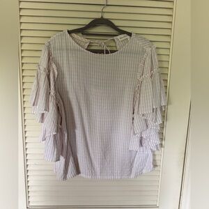 Chelsea & Theodore Beige White Stripe Ruffle Sleeve Casual Office Blouse Size S
